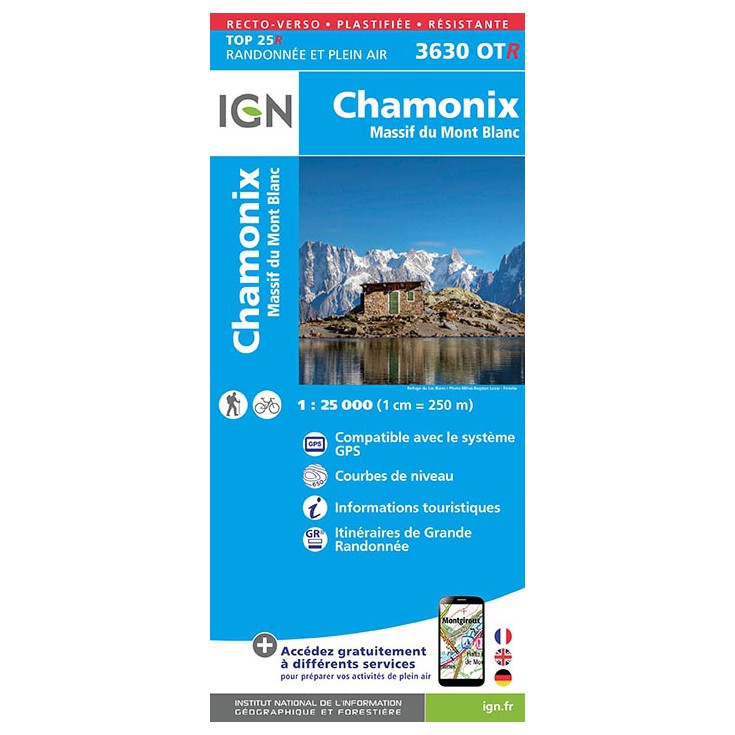 Carte Résistante Plastifiée TOP 25 IGN 3630 OTR CHAMONIX 2017