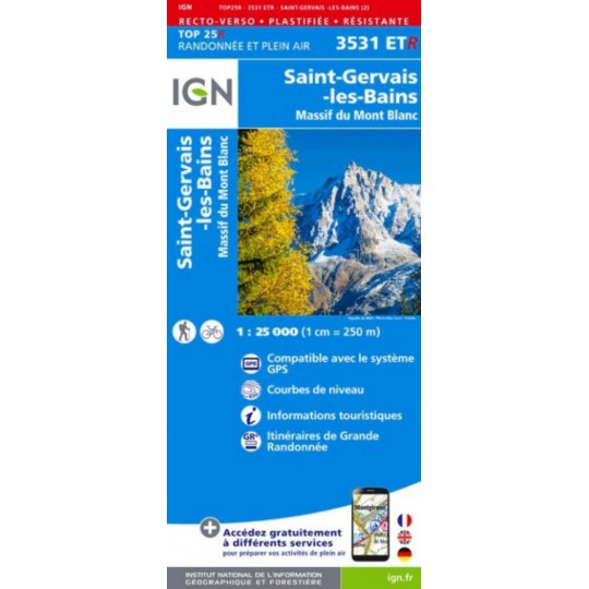 Carte Résistante Plastifiée TOP 25 IGN 3531 ETR SAINT GERVAIS LES BAINS-MONT BLANC 2017