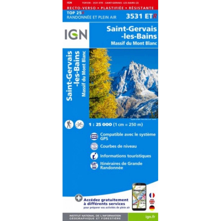 Carte Résistante Plastifiée TOP 25 IGN 3531 ETR SAINT GERVAIS LES BAINS-MONT BLANC 2017