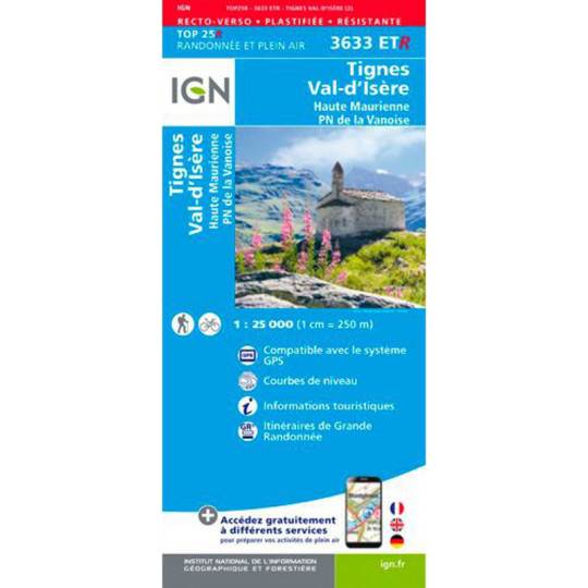 Carte Résistante Plastifiée TOP 25 IGN 3633 ETR TIGNES 2018