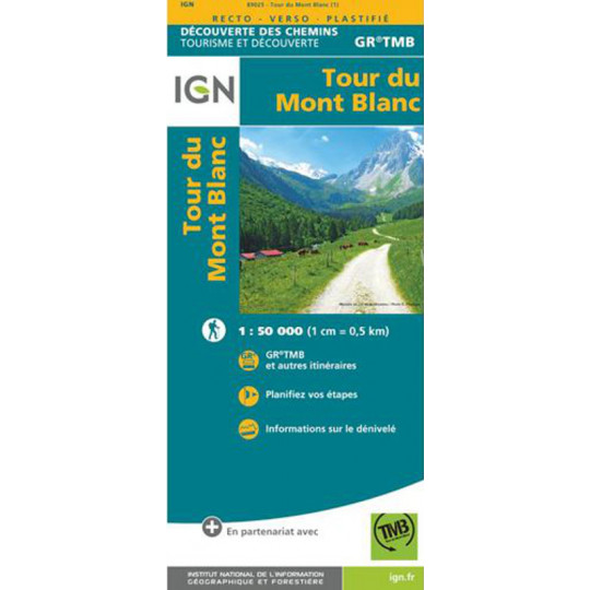 Carte IGN plastifiée du TOUR DU MONT BLANC 1/50000 GR TMB