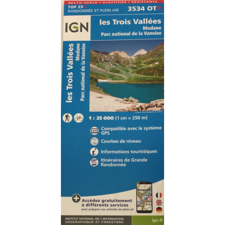 Carte Résistante Plastifiée TOP 25 IGN 3534 OTR LES 3 VALLEES MODANE 