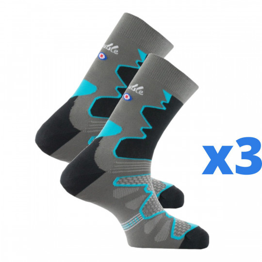 Lot de 3 paires de chaussettes de randonnée femme "La Double TREK" gris-bleu turquoise Thyo