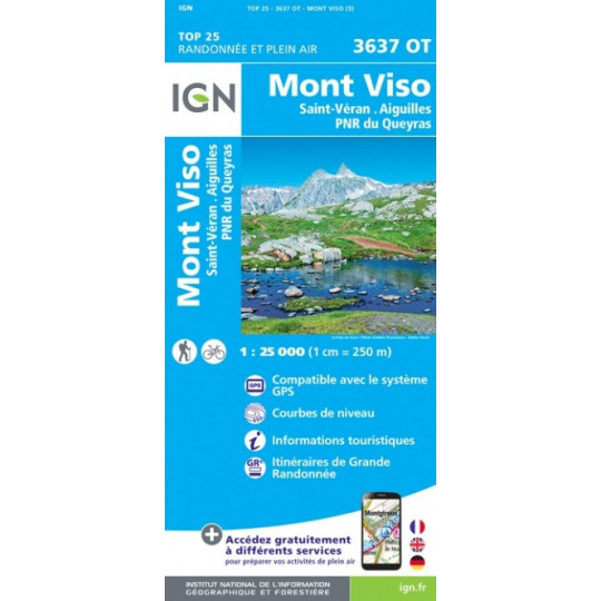 Carte TOP 25 IGN 3637 OT MONT VISO-ST VERAN-QUEYRAS