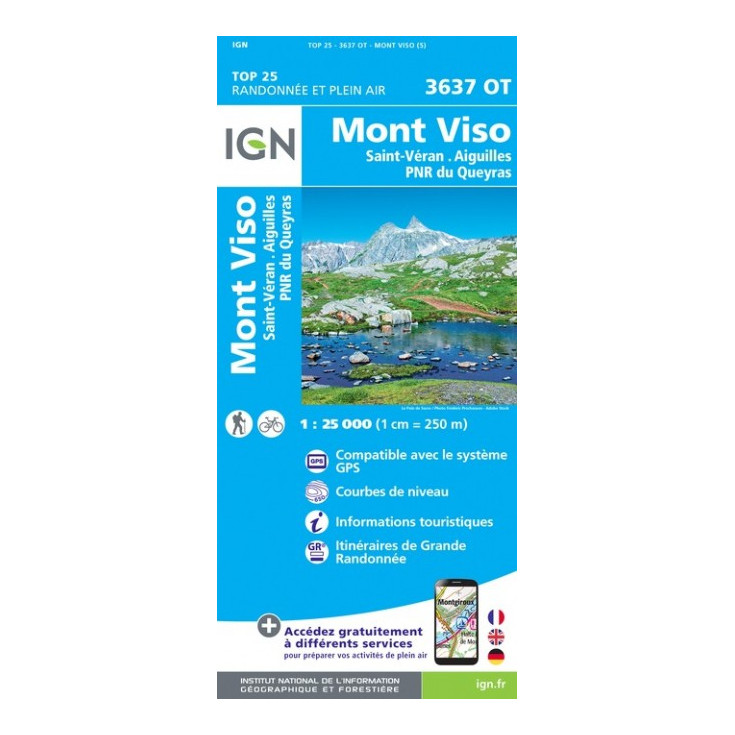 Carte TOP 25 IGN 3637 OT MONT VISO-ST VERAN-QUEYRAS