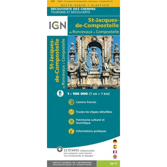 Carte IGN plastifiée Saint Jacques de Compostelle - RONCEVAUX A COMPOSTELLE 1/100000 