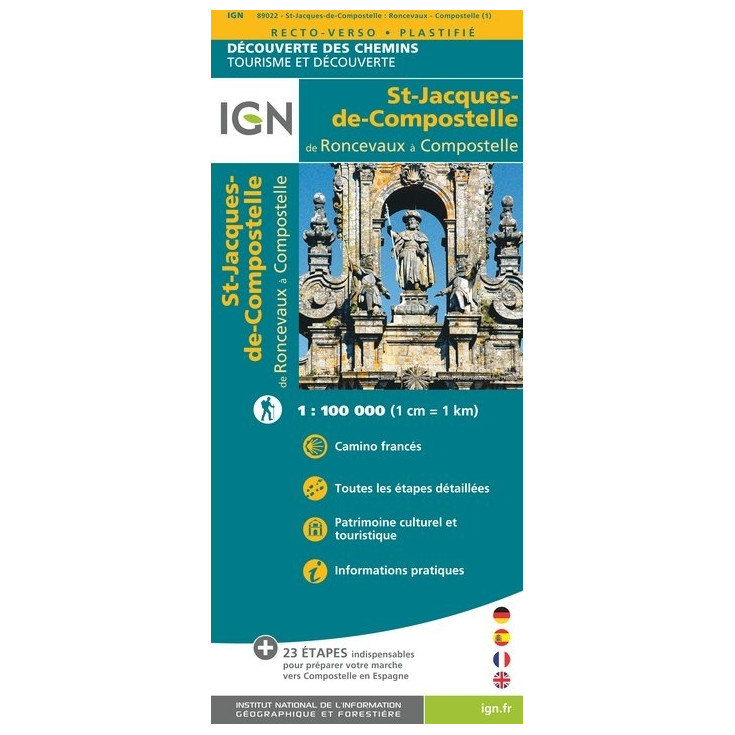 Carte IGN plastifiée Saint Jacques de Compostelle - RONCEVAUX A COMPOSTELLE 1/100000 