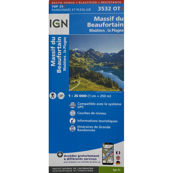 Carte Résistante Plastifiée TOP 25 IGN 3532 OTR BEAUFORTAIN - MOUTIERS - LA PLAGNE