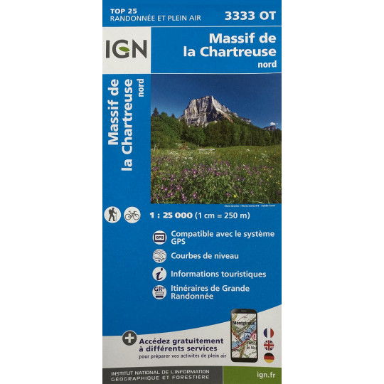 Carte randonnée TOP 25 IGN 3333 OT MASSIF CHARTREUSE NORD 2022