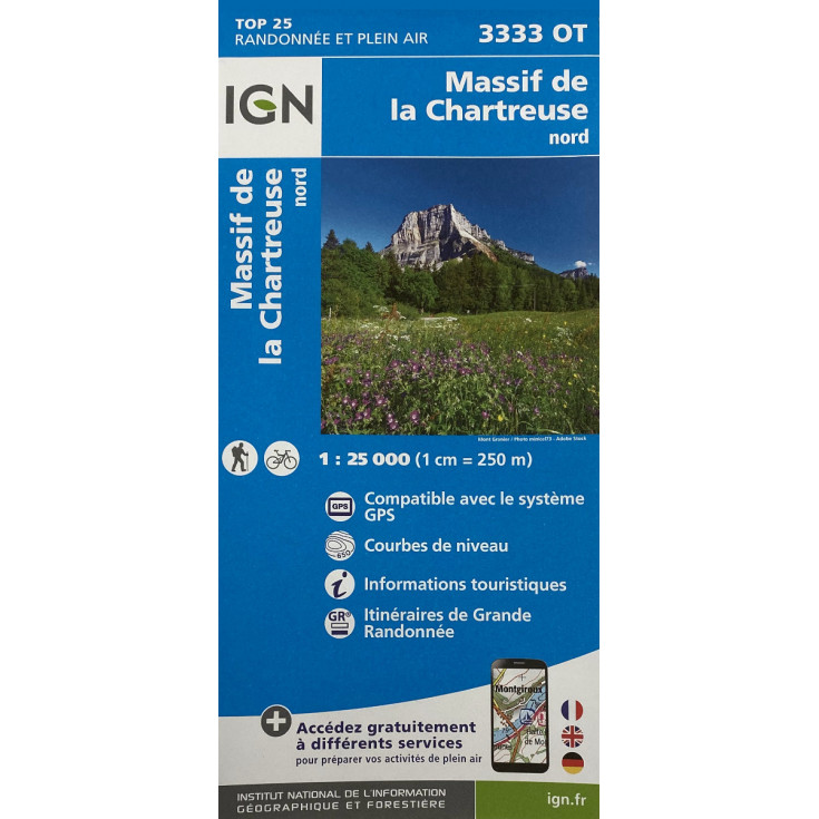 Carte randonnée TOP 25 IGN 3333 OT MASSIF CHARTREUSE NORD 2022