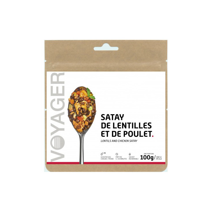 Repas Lyophilisé Satay de Lentilles et de Poulet 100g - 377 Kcal - Voyager Nutrition