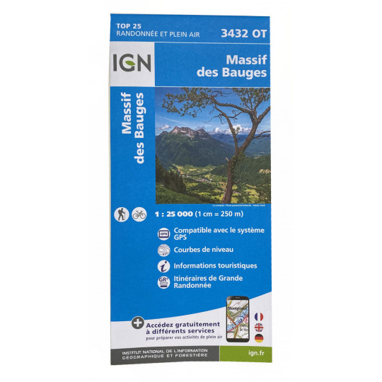 Carte TOP 25 IGN 3432 OT MASSIF DES BAUGES 2022