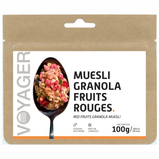 Plat Lyophilisé Petit déjeuner GRANOLA FRUITS ROUGE 100g - 395 Kcal - Voyager Nutrition