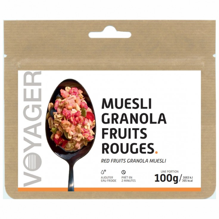 Plat Lyophilisé Petit déjeuner GRANOLA FRUITS ROUGE 100g - 395 Kcal -  Voyager Nutrition - Montania Sport