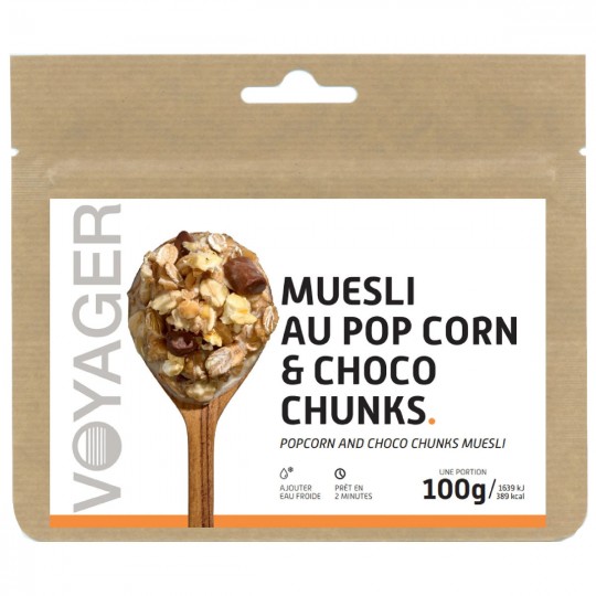 Plat Lyophilisé Petit déjeuner MUESLI POP CORN et CHOCO CHUNKS 100g - 389 Kcal - Voyager Nutrition