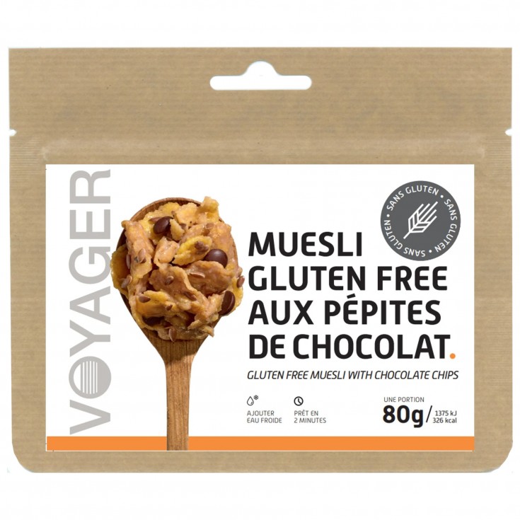 Plat Lyophilisé Petit déjeuner MUESLI SANS GLUTEN PEPITES DE CHOCOLAT 80g - 326 Kcal - Voyager Nutrition