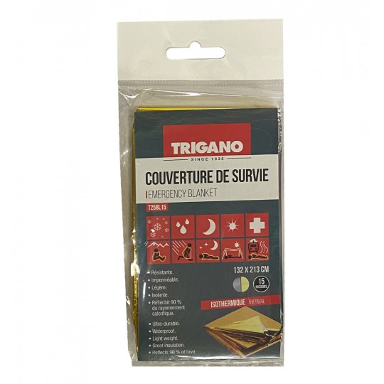 Couverture de survie 213 x 132 cm bi-faces DOREE-ARGENT 50g Trigano