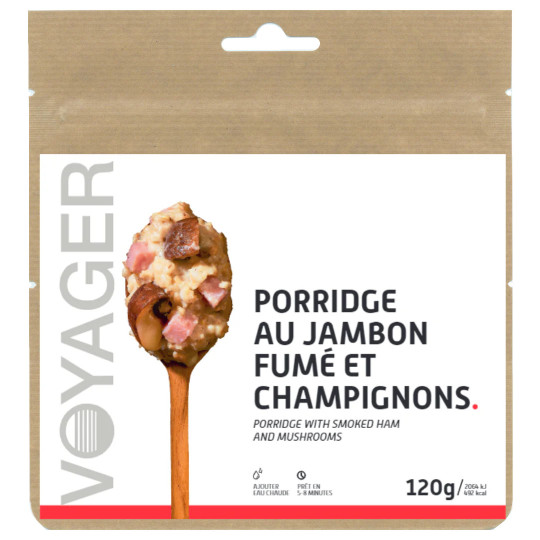Plat Lyophilisé Petit déjeuner PORRIDGE AU JAMBON FUME ET CHAMPIGNONS 120g - 498 Kcal - Voyager Nutrition