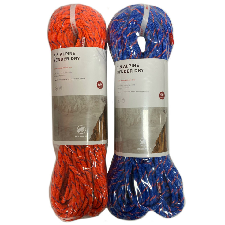 Corde à double 2x50m ALPINE SENDER DRY ROPE 7,5mm bleu-orange Mammut