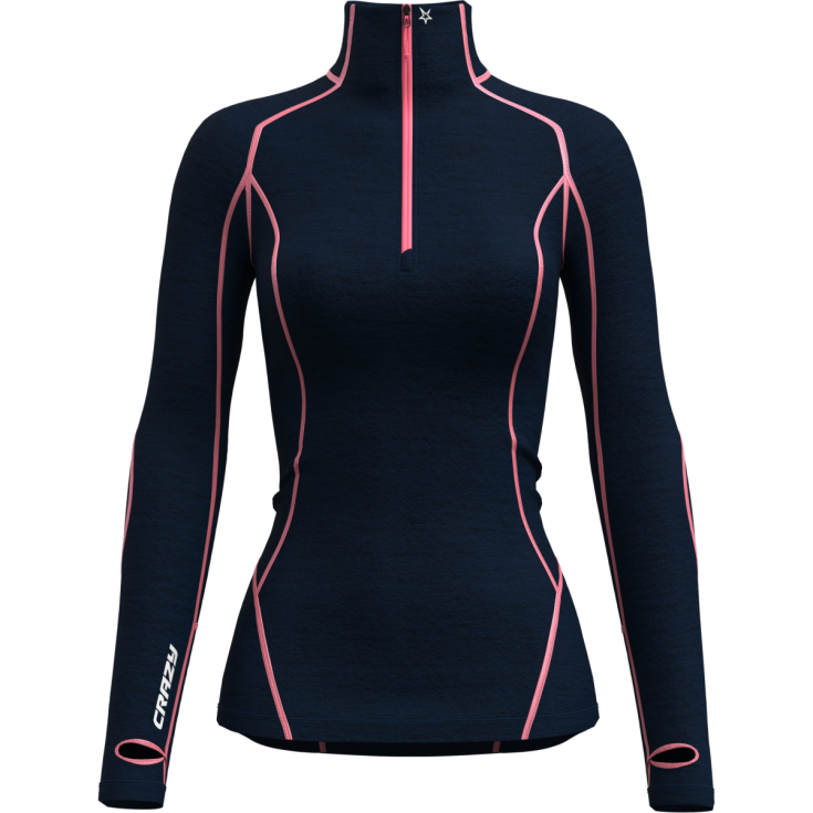 Tee-shirt ML 1/4 zip femme laine Mérinos PULL ALLURE ZIP 137-chewing-gum CRAZY IDEA