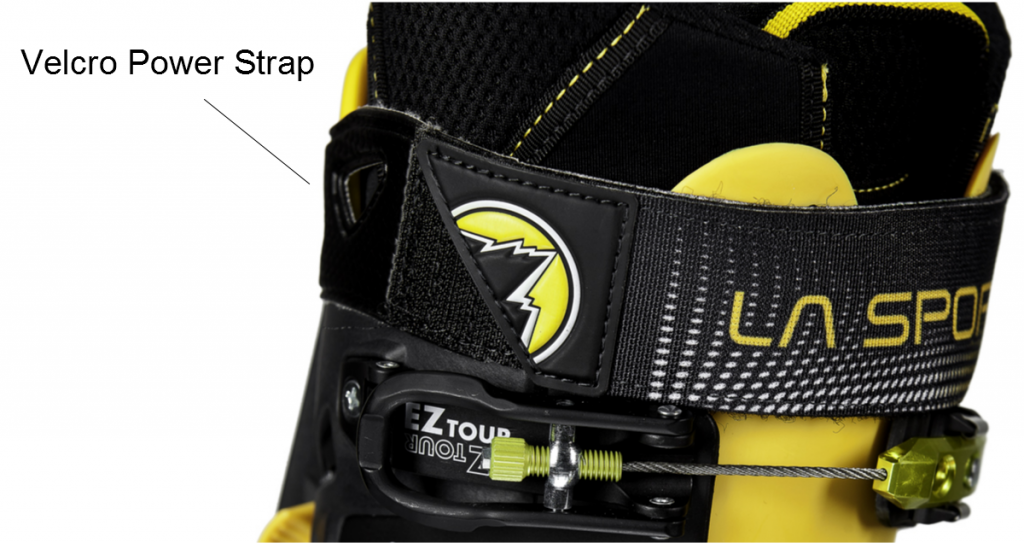 Velcro Power Strap : Sangle en velcro destinée à serrer encore davantage la coque et de la fixer de manière encore plus sûre autour de la jambe afin d’affronter tous types de descentes.