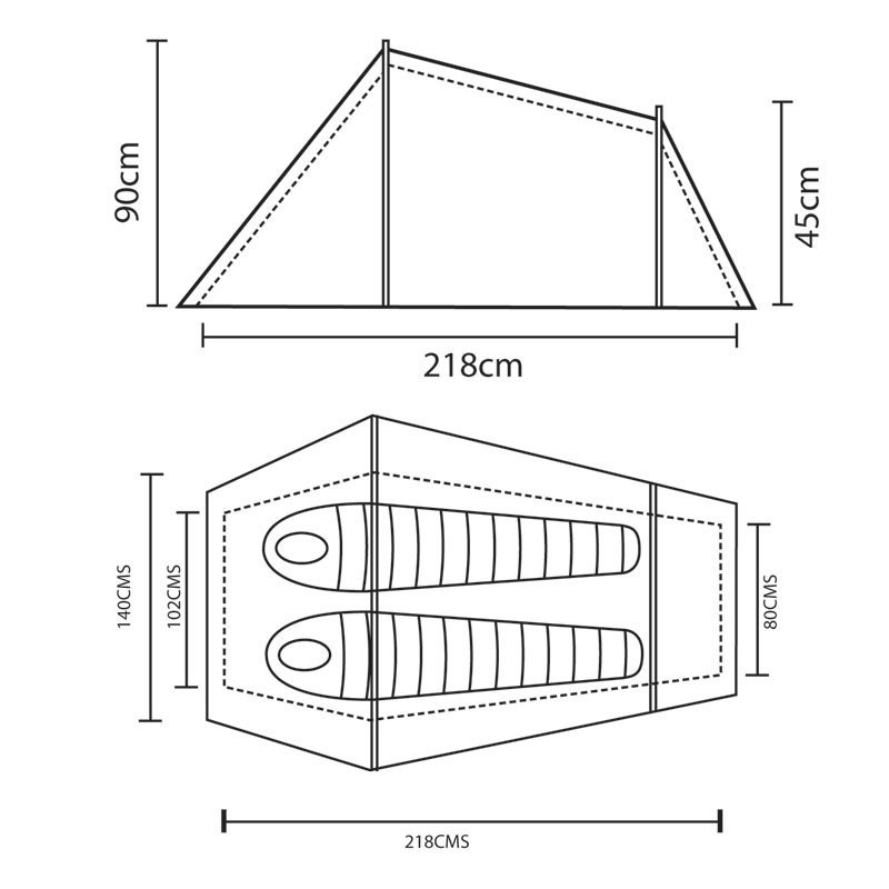 Schéma d'une tente de randonnée avec ses dimensions
