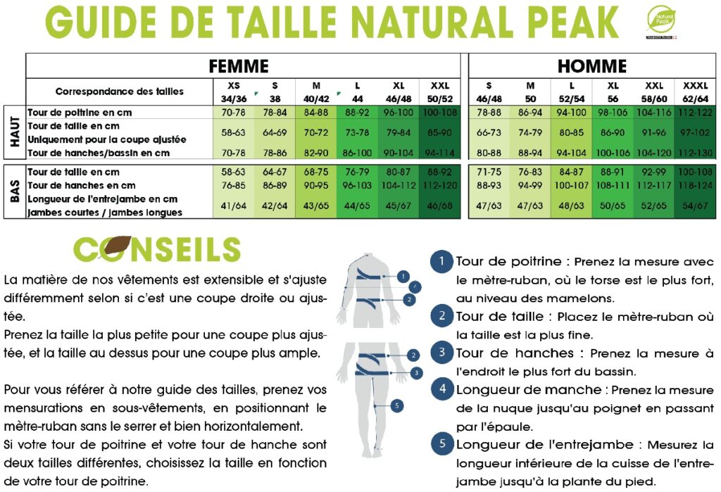 Guide de taille officiel NATURAL PEAK