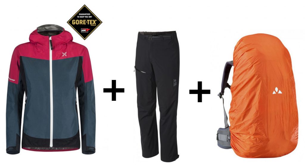 Protection pluie avec veste Gore-Tex, pantalon imperméable et housse de sac à dos